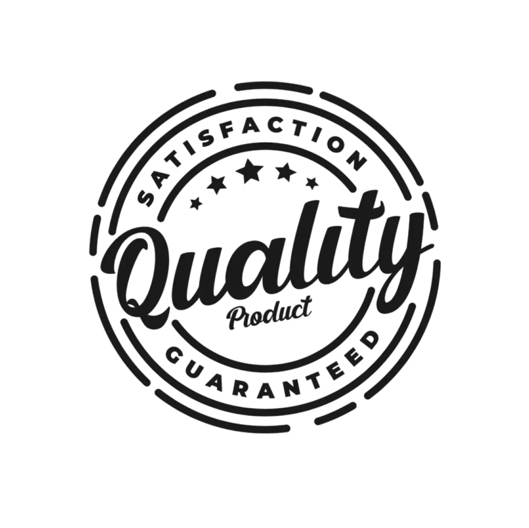 Black circular stamp-like graphic with 'Quality Product' text on a white background